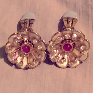 Vintage MMA CN Metropolitan Museum Enamel and jewel poppy clip on earrings.